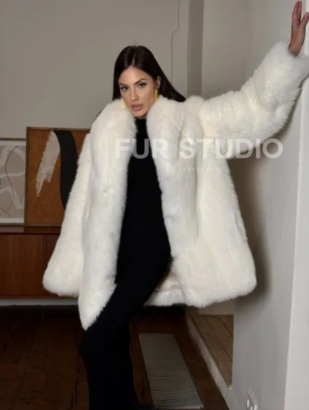 Белая шуба из меха лисы - воротник шаль - фото 10