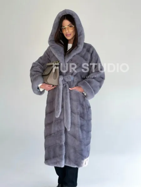 Удлиненная норковая шуба - кимоно с капюшоном - фото 14