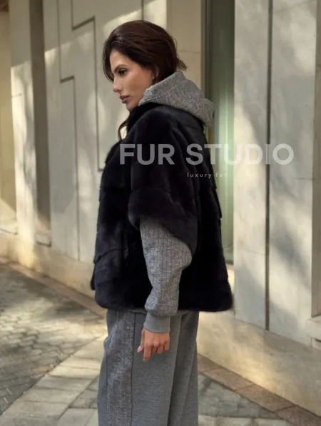 Женская меховая норковая куртка -темный графит - фото 6