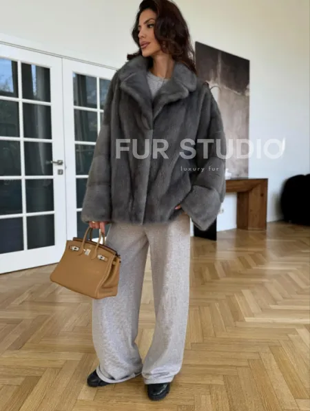 Норковая шуба цвет - серый графит - фото 1