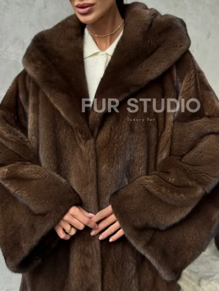 Норковый полушубок с капюшоном - цвет коричневый - фото 1