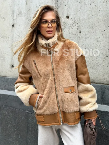 Комбинированная дубленка из овчины и норки - фото 10