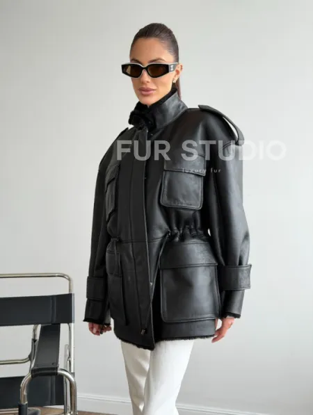 Черная куртка - дубленка из испанского мериноса - фото 7