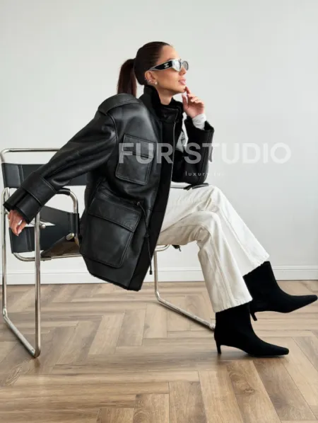 Черная куртка - дубленка из испанского мериноса - фото 9