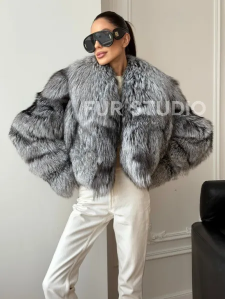 Кроп-полушубок с шалевым воротником из чернобурки - фото 8