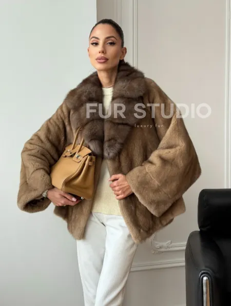 Норковый полушубок с воротником куницы 70 см - фото 9