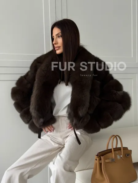 Полушубок-кроп из песца с шалевым воротником - фото 14