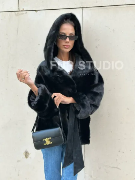 Черная норковая шуба с капюшоном - автоледи - фото 0