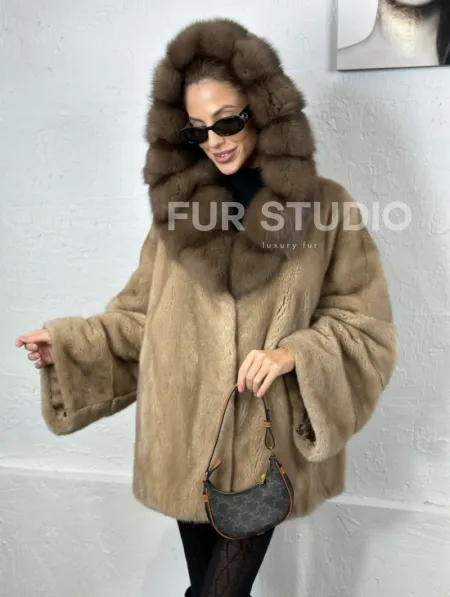 Норка автоледи с капюшоном куница - цвет пастель - фото 2