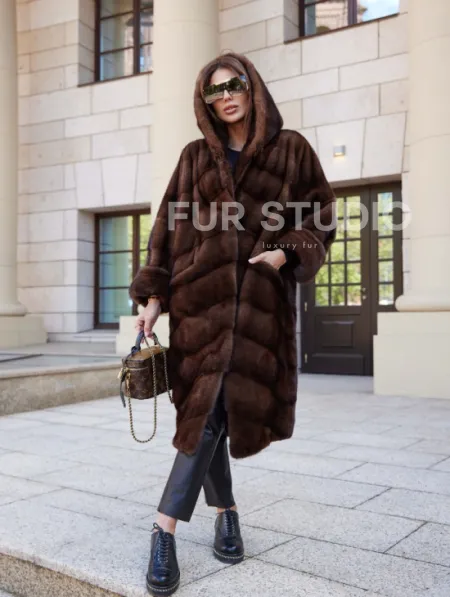 Шуба норковая с капюшоном - цвет соболь - фото 0