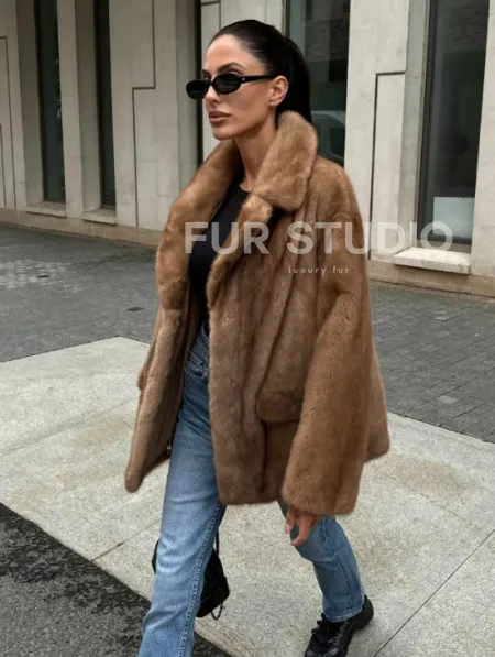 Женский норковый жакет в песочном цвете - фото 0