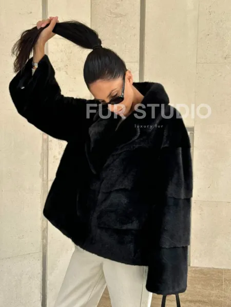 Полушубок из черной норки премиум аукциона - английский воротник - фото 8