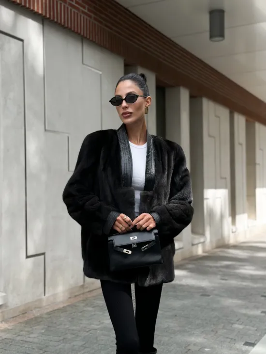 Жакет - шуба из меха норки с отделкой из кожи - графит - фото 8