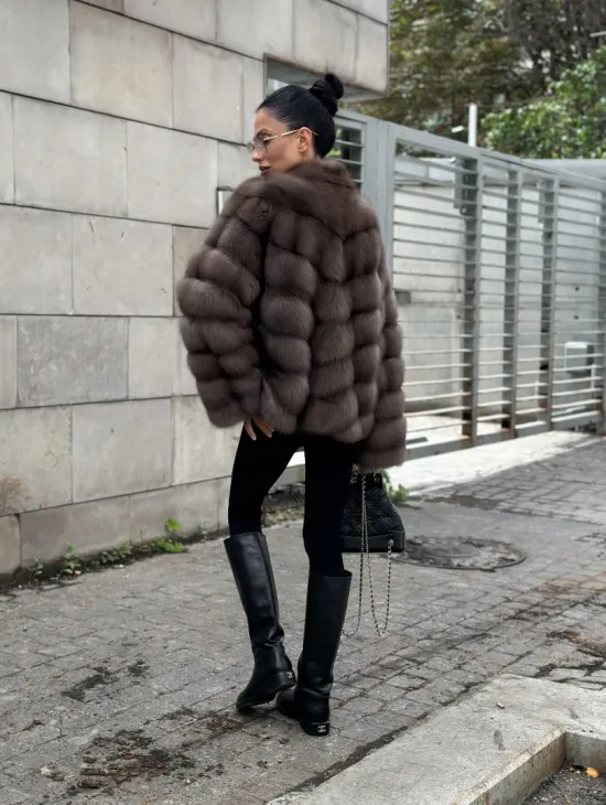 Меховой жакет - шуба из куницы цвет трюфель - фото 8