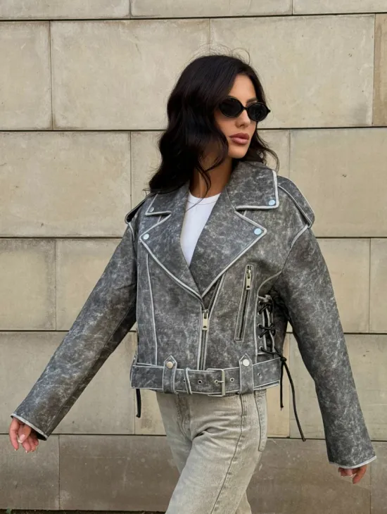 Косуха из натуральной кожи Vintage со шнуровкой - цвет серый - фото 14