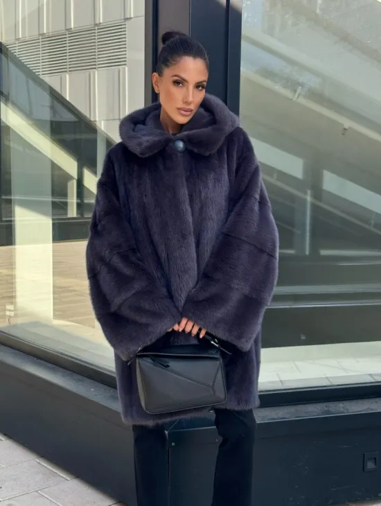 Норковая шуба с капюшоном,  роспуск - темный графит - фото 0