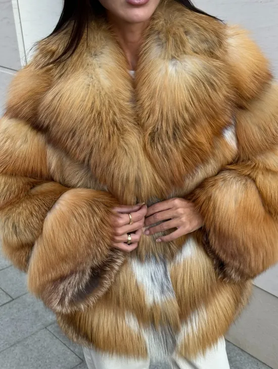 Шуба из меха рыжей лисы в натуральном цвете, паркетной раскладке - фото 3