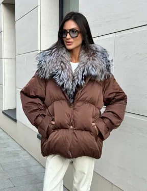 Женский зимний пуховик с мехом чернобурки - фото 5