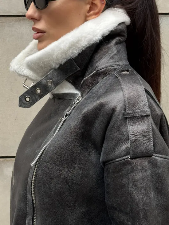 Дубленка-авиатор из натуральной овчины Dark Grey Vintage, со шнуровкой по боковому шву - фото 1