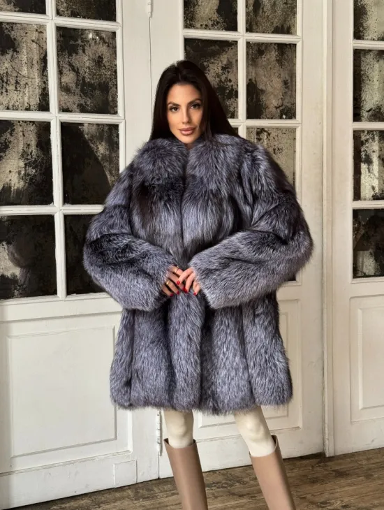 Натуральная шуба из меха чернобурки, воротник шаль - фото 10