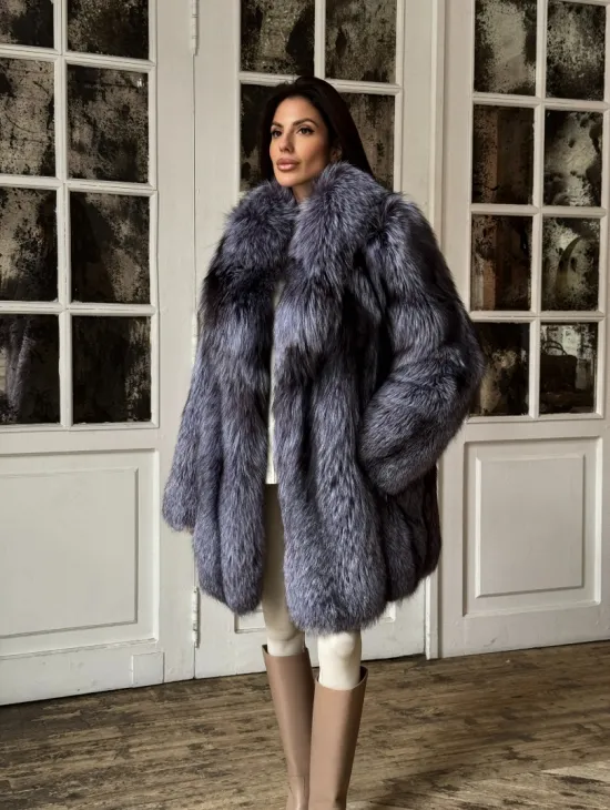 Натуральная шуба из меха чернобурки, воротник шаль - фото 6
