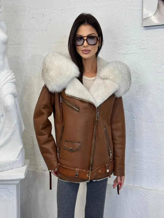 Дубленка - куртка женская из натуральной овчины с капюшоном из меха финского песца - фото 11