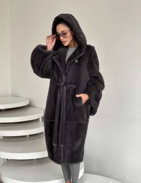 Зимняя норковая шуба с капюшоном - цвет графит - фото 10