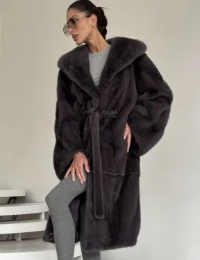 Зимняя норковая шуба с капюшоном - цвет графит - фото 3