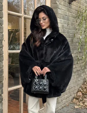 Меховое пончо из скандинавской норки с капюшоном - черный изумруд - фото 8