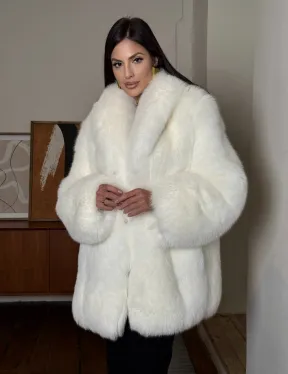 Белая шуба из меха лисы - воротник шаль - фото 5