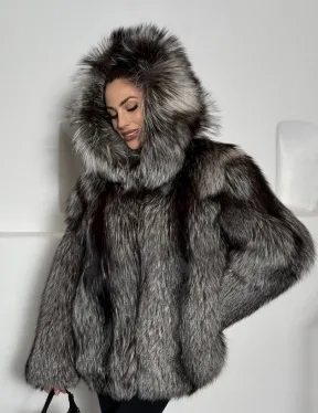 Полушубок из чернобурки с капюшоном цельные пластины - фото 9