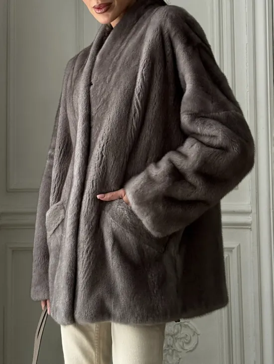 Женский меховой норковый полушубок с V-образным воротником - фото 1