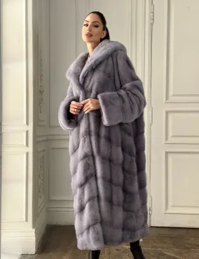 Длинная голубая норковая шуба с капюшоном PLUS SIZE - фото 4