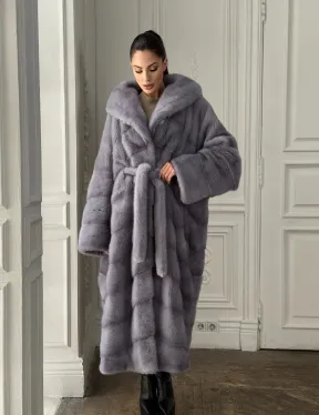 Длинная голубая норковая шуба с капюшоном PLUS SIZE - фото 8