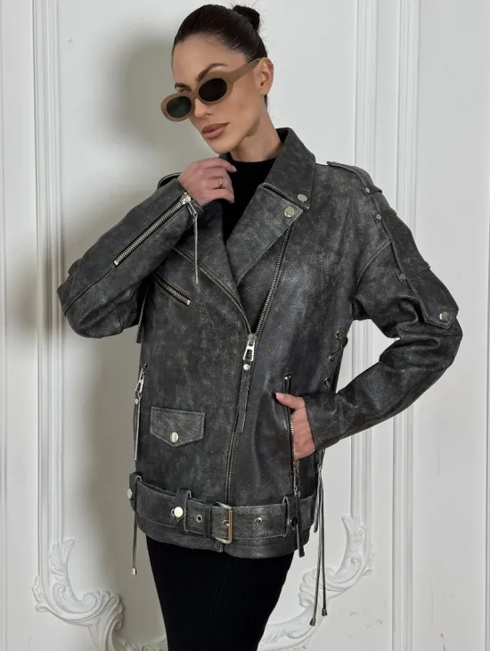 Косуха женская из натуральной кожи Vintage со шнуровкой - цвет серый - фото 4