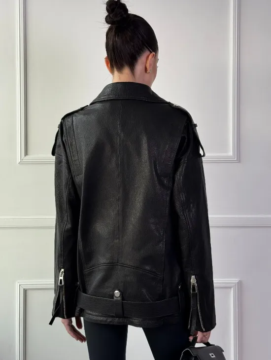 Классическая женская байкерская куртка - косуха из натуральной черной кожи Jumbo - фото 4