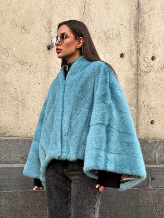Норковая шуба летучка с V-образным воротником, цвет - тиффани - фото 5