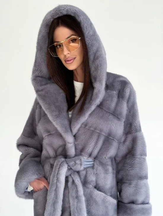 Удлиненная норковая шуба - кимоно с капюшоном - фото 2