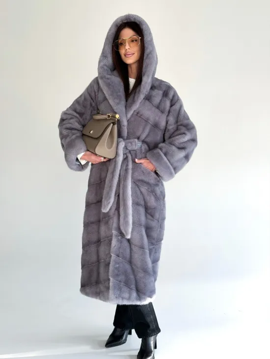 Удлиненная норковая шуба - кимоно с капюшоном - фото 11