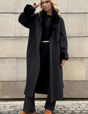 Женское демисезонное шерстяное пальто-халат с отделкой из меха норки - фото 4