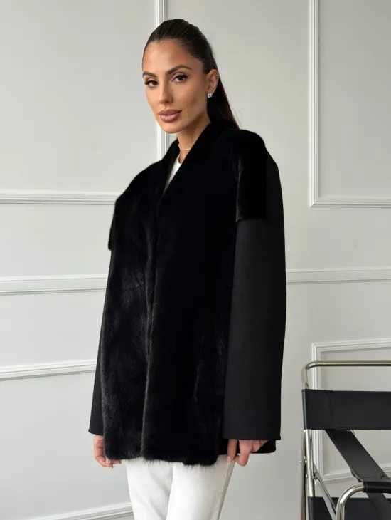 Полупальто демисезонное шерстяное с отделкой из меха норки - фото 4