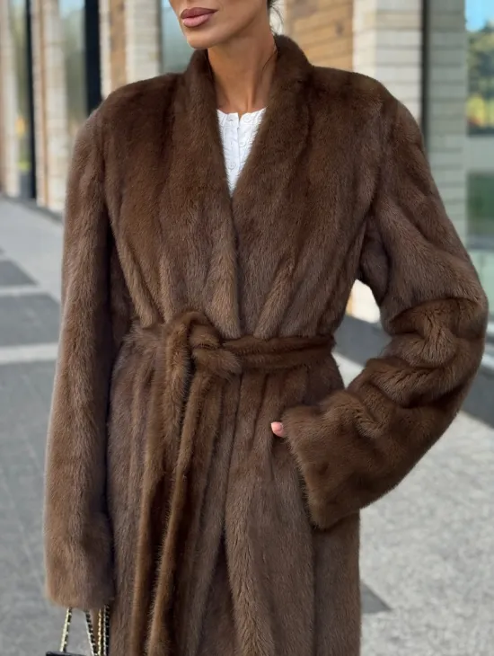 Длинное норковое пальто - шуба в цвете соболь - фото 1