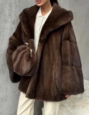 Норковый полушубок с капюшоном - цвет коричневый - фото 2
