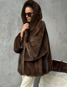 Норковый полушубок с капюшоном - цвет коричневый - фото 5