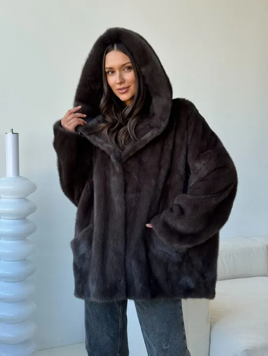 Норковый полушубок с капюшоном - фото 9