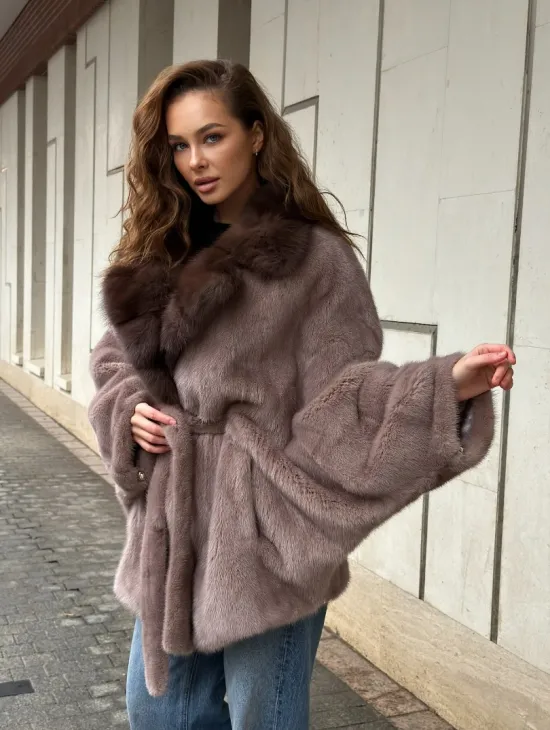 Норковая шуба летучка - воротник куница - фото 12