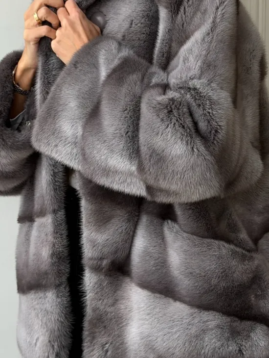 Норковый полушубок с капюшоном - цвет Platinum - фото 1