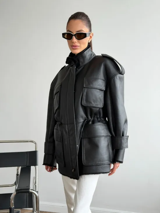 Черная куртка - дубленка из испанского мериноса - фото 7