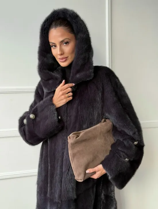 Норковая шуба с капюшоном - графит - фото 9