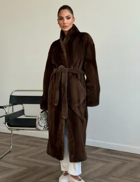 Шуба норковая в роспуск с меховым поясом - фото 0